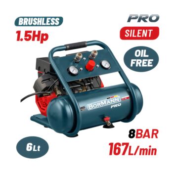 BORMANN BAT5006 Αεροσυμπιεστής Μονομπλόκ,Oil Free,Silent,Brushless,1.5Hp,6L,167L/min 1