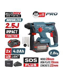 BORMANN PRO BBP5301x44CA ΠΝΕΥΜΑΤΙΚΟ ΣΚΑΠΤΙΚΟ ΜΠΑΤΑΡΙΑΣ 20V,2x4Ah, BRUSHLESS, 2.5J, SDS-PLUS & ΒΑΛΙΤΣΑ