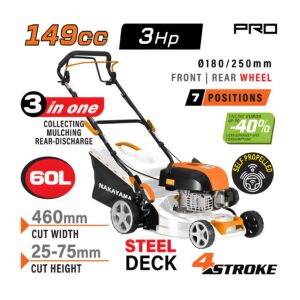NAKAYAMA Pro PM5465 Χλοοκοπτική Βενζίνης Αυτοκινούμενη,149cc, Πλάτος Κοπής 46cm, Κάδος 60L 1
