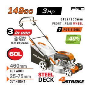 NAKAYAMA Pro PM5460 Χλοοκοπτική Βενζίνης,Ωθούμενη, 147cc, Πλάτος Κοπής 46cm, Κάδος 60L, 8 Θέσεις 1