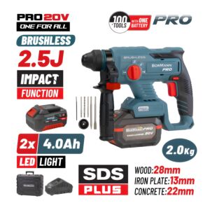 BORMANN Pro BBP5301X44CA Πνευματικό Σκαπτικό Μπαταρίας 20V,2x4Ah,Brushless, 2.5J, SDS-Plus & Βαλίτσα 1